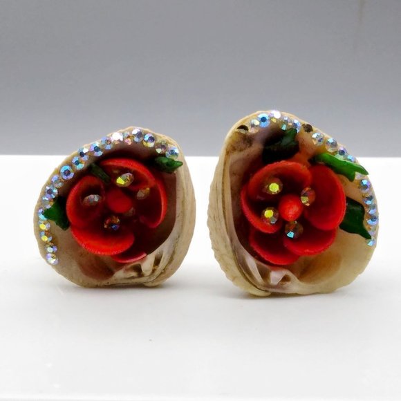 Vintage Genuine Seashell Earrings, Mid Century Romantic Rose and AB Crystal - Picture 2 of 5